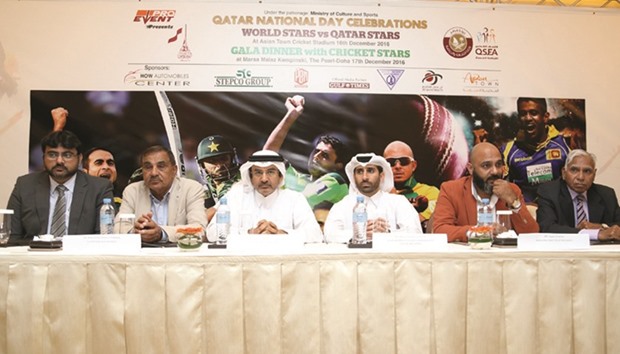 From Left: Saqlain H. Rizvi (Managing Partner - Stepco Group), Mohamed Hussain Chowdary (CEO - How Automobile Center), Mohamed bin Mahdi bin Ajayan al-Ahbabi (CEO - Ibin Ajayan Projects), Abdulla Darwish Ashkanani (Ministry of Culture and Sports), Sajjad Choudhry (Managing Director Pro Events) and Manzoor Ahmed (General Secretary of QCA) at the press conference yesterday. At bottom, Shahid Afridi.