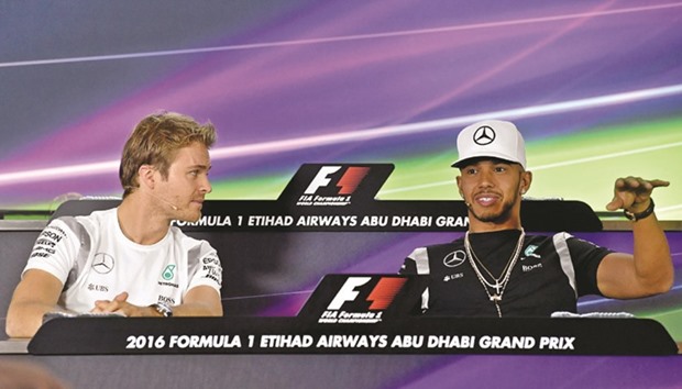 Mercedes AMG Petronas F1 Teamu2019s German driver Nico Rosberg (L) and British driver Lewis Hamilton attend the drivers press conference ahead of the Abu Dhabi Formula One Grand Prix at the Yas Marina circuit yesterday. (AFP)