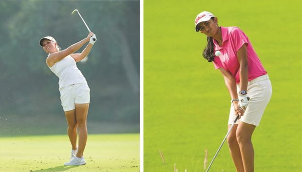 Nanna Koerstz Madsen of Denmark's second-round 66 helped her join overnight leader Lydia Hall of Wales atop the leaderboard going into the weekend action of the Qatar Ladies Open at the Doha Golf Club yesterday.  Right photo: India's Aditi Ashok hit a fine 66 for a two-day total of eight-under 136.