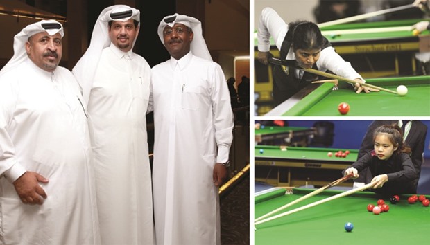 Left photo: Qataru2019s Mubarak Hamad al-Khayareen (centre) poses with other officials after he was elected unopposed as the new president of International Billiards and Snooker Federation (IBSF) at the Annual General Assembly yesterday. Al-Khayareen is a board member of the IBSF and also heads the Asian Confederation of Billiard Sports. He is also the Executive Director of the Qatar Billiards and Snooker Federation.  Top right photo: Chitra Magimairajan of India in action during her match against compatriot Vidya Pillai at the IBSF Snooker World Championships at Al Sadd Indoor Hall yesterday.  Bottom right photo: Thai teenager Siripaporn Nuanthakhamjan booked her place in the last eight.