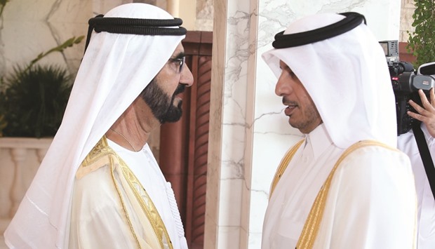 HE the Prime Minister Sheikh Abdullah bin Nasser bin Khalifa al-Thani with Vice-President and Prime Minister of the UAE and Ruler of Dubai Sheikh Mohamed bin Rashid al-Maktoum.