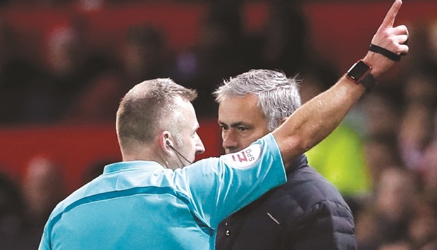 Manchester United manager Jose Mourinho is sent to the stands by referee Jonathan Moss during Sundayu2019s Premier League clash against West Ham United. (Reuters)