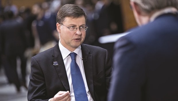 Valdis Dombrovskis, the EUu2019s financial-services chief, speaks during a Bloomberg Television interview at the International Monetary Fund (IMF) and World Bank Group Annual Meetings in Washington, DC,  on October 7. When asked last week about Trumpu2019s potential to disrupt the global banking framework, Dombrovskis said Europe is implementing the rules and expects other countries, including the US, to do the same.