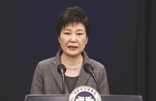 President Park Geun-Hye during an address to the nation, at the presidential Blue House in Seoul.