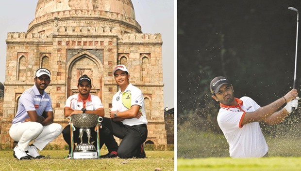 Indiau2019s S Chikkarangappa (L), defending champion Chiragh Kumar of India (C) and Liang Wen-chong of China pose with the trophy ahead of the Panasonic Open India golf tournament in New Delhi yesterday.   Right photo: Defending champion Chiragh Kumar of India during a practice round ahead of the Panasonic Open India golf tournament. (AFP)