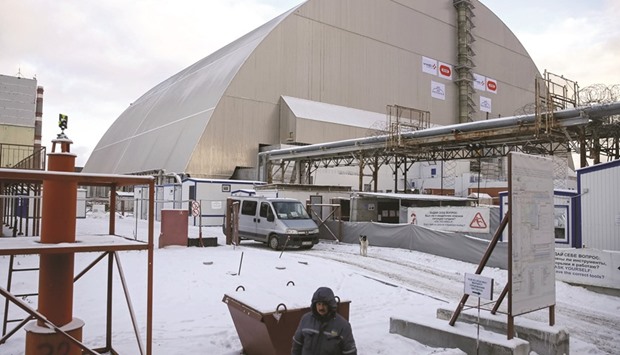 The u2018New Safe Confinementu2019 (NSC) structure over the old sarcophagus, covering the damaged fourth reactor at the nuclear power plant, in Chernobyl.