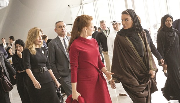 HH Sheikha Moza converses with Princess Lalla Salma of Morocco during their tour of the WISH exhibition. PICTURE:  AR al-Baker/HHOPL