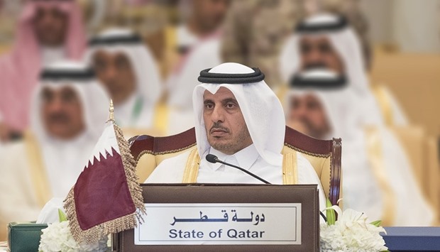 HE the Prime Minister and Minister of Interior Sheikh Abdullah bin Nasser bin Khalifa al-Thani attending the opening of the 35th session of GCC interior ministers in Riyadh yesterday.