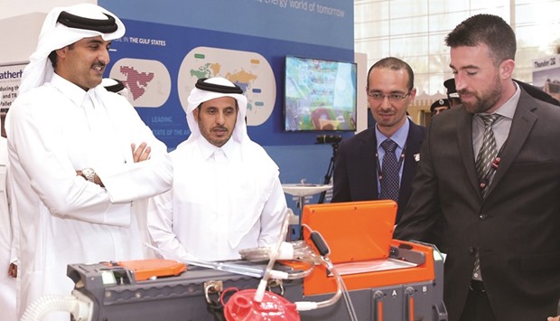 HH the Emir Sheikh Tamim bin Hamad al-Thani, accompanied by HE the Prime Minister and Minister of Interior Sheikh Abdullah bin Nasser bin Khalifa al-Thani, visiting the Milipol Qatar 2016 exhibition yesterday.