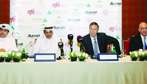 (From left) Abdulla al-Mulla, Sheikh Nawaf bin Jassim bin Jabor al-Thani, Arne Sorenson, and Alex Kyriakidis at the official launch of Tahseen. PICTURE: Shemeer Rasheed.