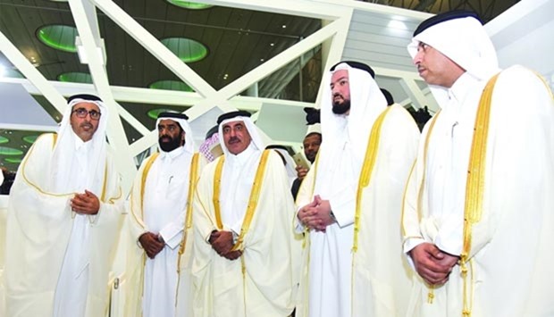 HE Salah bin Ghanem bin Nasser al-Ali, HE Dr Ghaith bin Mubarak al-Kuwari, HE Dr Issa Saad al-Jafali al-Nuaimi, HE Dr Saleh Mohamed Salem al-Nabit, and HE Jassim Seif Ahmed al-Sulaiti at the inauguration of the Doha Book Fair on Wednesday. PICTURE: Noushad Thekkayil.
