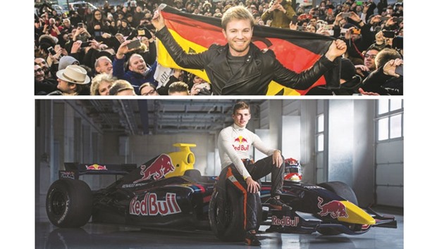 New Formula One World Champion Nico Rosberg (centre) poses with a German flag as he meets with fans during a press event at his home town of Wiesbaden, western Germany, yesterday.   Bottom photo: Red Bullu2019s Max Verstappen scored his maiden victory in Barcelona, where he became the youngest ever Formula One winner.