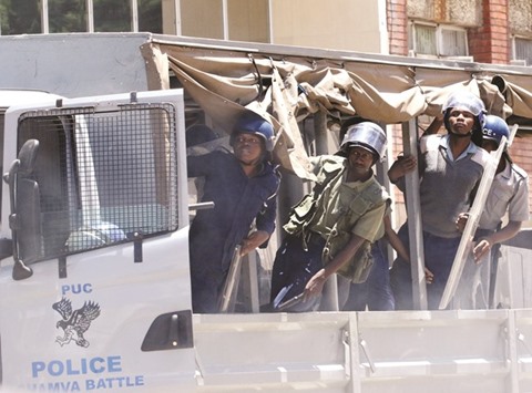 Riot police during a demonstration against the new u2018bond notesu2019 that came into circulation this week in Zimbabweu2019s capital Harare.