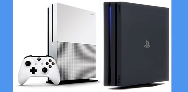 The Xbox One S is 40% smaller than the Xbox One. RIGHT: The PlayStation 4 Pro offers over twice the graphical processing power in the PS4.