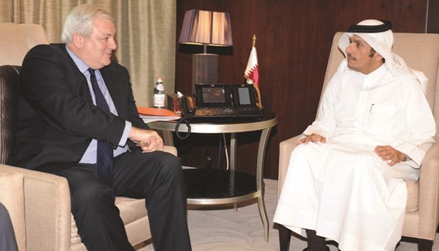 HE the Foreign Minister Sheikh Mohamed bin Abdulrahman al-Thani meeting yesterday with Stephen Ou2019Brien, the UN undersecretary-general for humanitarian affairs and emergency relief, in Doha yesterday.