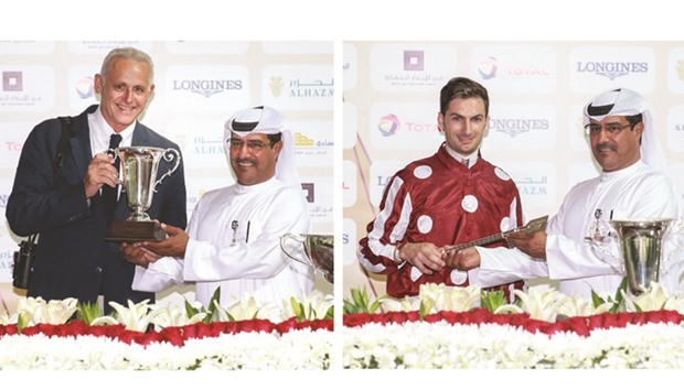 Qatar Racing and Equestrian Club (QREC) vice-chief steward Abdullah Rashid al-Kubaisi (right) presents the traineru2019s trophy to Alban de Mieulle after Samaa won the Al Hamla Cup at the QREC yesterday.   Right photo: Al-Kubaisi presents the trophy to jockey Gaetan Faucon for the Al Hamla Cup win. PICTURES: Juhaim