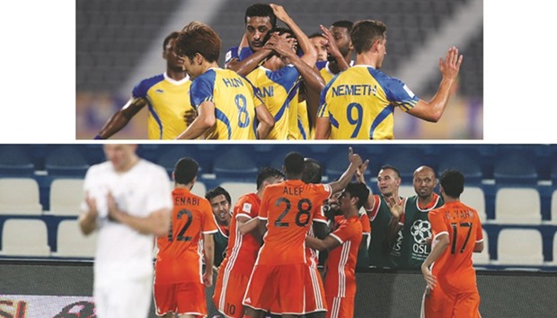 Al Gharafa celebrate their victory over Al Wakrah in the Qatar Stars League yesterday. Bottom photo , Umm Salal players exult after scoring against Al Kharaitiyat.