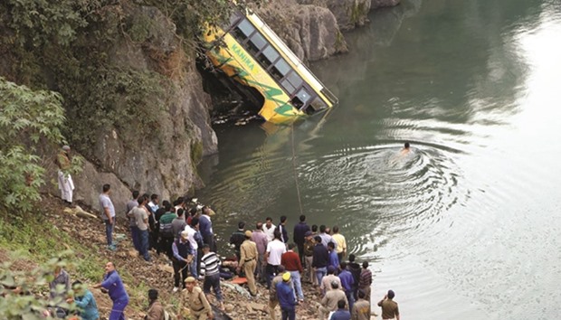 Rescue operation underway after bus fell into a river near Mandi in Himachal Pradesh yesterday.