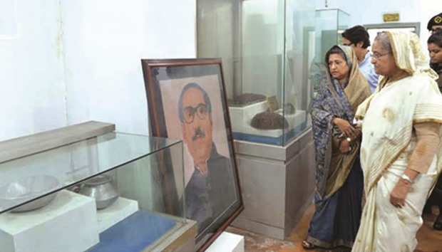 Prime Minister Sheikh Hasina along with her younger sister Sheikh Rehana seen visiting the prison cell in former Dhaka central jail where their father Sheikh Mujibur Rahman was lodged before 1971 independence, yesterday.