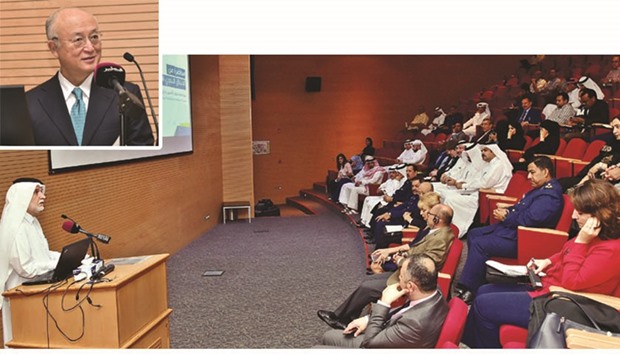 Dr Darwish al-Emadi addressing the gathering.  Top left photo: Yukiya Amano.