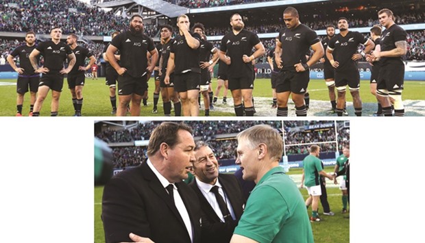 Top photo: Dejected New Zealand players look on following their shocking 29-40 defeat to Ireland. Bottom photo: Ireland head coach Joe Schmidt (right) has a chat with his New Zealand counterparts, head coach Steve Hansen (left) and assistant coach Wayne Bennett following his teamu2019s historic win. It was Irelandu2019s win over the Kiwis in the 29th instalment of a rivalry dating to 1905. (AFP)