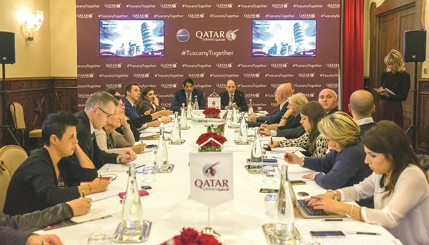 Qatar Airways Group chief executive Akbar al-Baker with Qataru2019s ambassador to Italy Abdulaziz bin Ahmed al-Malki al-Jehani at the press meet in Florence.