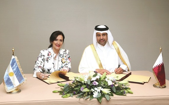 HE Sheikh Ahmed bin Jassim bin Mohamed al-Thani and Vice President  Marta Gabriela Michetti signing the agreement.