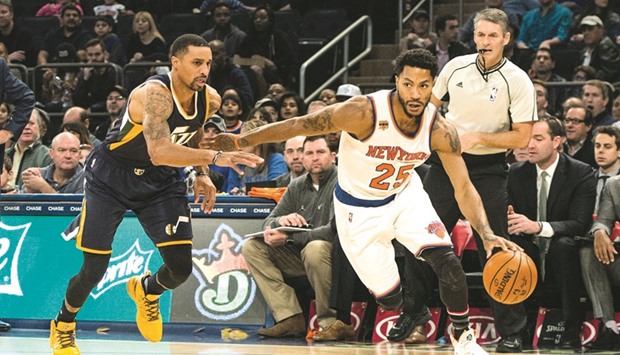 New York Knicks point guard Derrick Rose dribbles the ball along the baseline during the first quarter match against Utah Jazz. PICTURE: USA TODAY Sports