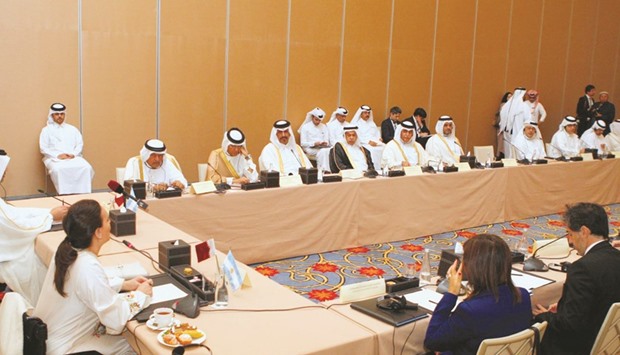 HE Sheikh Ahmed and Michetti discussing potential cooperation in various sectors at the business forum yesterday.