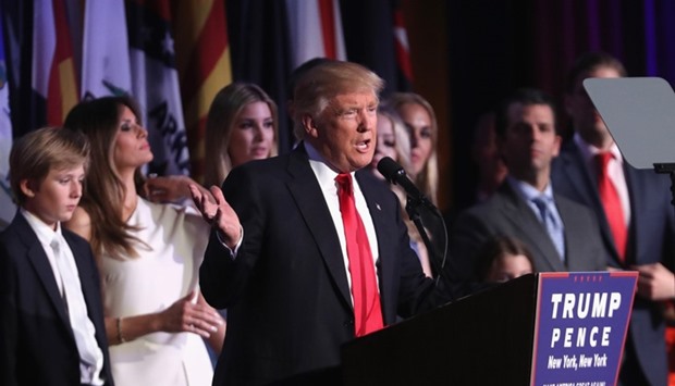 Republican president-elect Donald Trump delivers his acceptance speech during his election night event at the New York Hilton Midtown in New York City.
