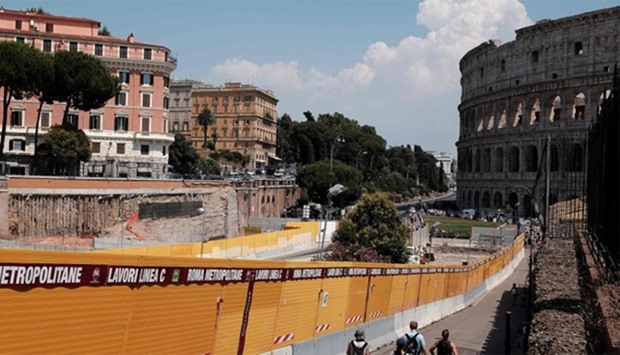 Barriers are errected at the construction site of the new Rome metro line 'C' which will run close to the Colosseum