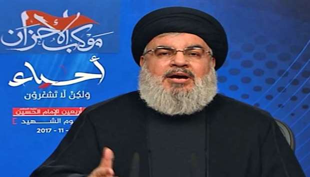 An image grab taken from Hezbollah's al-Manar TV on November 10, 2017 shows Hassan Nasrallah, the head of Hezbollah, giving a televised address from an undisclosed location in Lebanon.