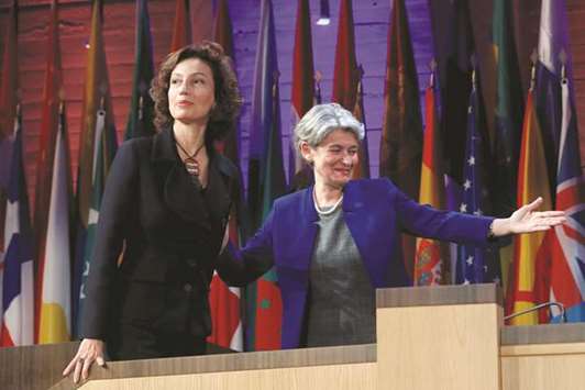 Bokova welcomes her successor Azoulay yesterday during the 39th General Conference at the Unesco headquarters in Paris.