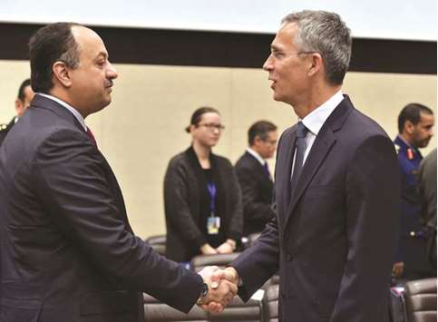Nato Secretary-General Jens Stoltenberg greets Qataru2019s Minister of State for Defence Affairs HE Dr Khalid bin Mohamed al-Attiyah during a meeting at the Nato headquarters in Brussels on Thursday.