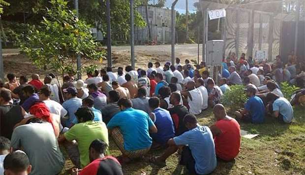 Detainees staging a silent protest inside the compound at the Manus Island detention centre in Papua New Guinea.