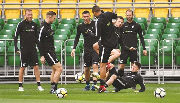 New Zealand players train at Westpac Stadium in Wellington yesterday, ahead of their World Cup qualifying game against Peru. (AFP)