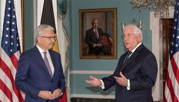 US Secretary of State Rex Tillerson and Belgian Foreign Minister Didier Reynders deliver brief remarks to the media before their private meeting at the Department of State in Washington, DC on Wednesday.