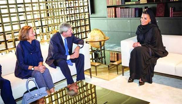 Her Highness Sheikha Moza bint Nasser meets with Italian Prime Minister Paolo Gentiloni on Wednesday. PICTURE: AR Al-Baker/HHOPL