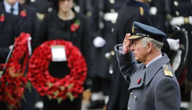 Prince Charles lays a wreath during the Remembrance Sunday ceremony in London.