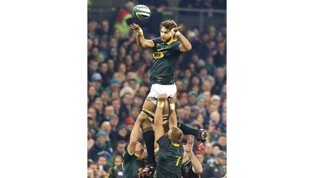 South Africau2019s lock and captain Eben Etzebeth claims the line out during the autumn international rugby union Test match against Ireland at the Aviva stadium in Dublin on Saturday.