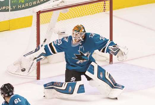 San Jose Sharks goalie Aaron Dell defends the goal against the Vancouver Canucks during the third period at SAP Centre at San Jose. PICTURE: USA TODAY Sports