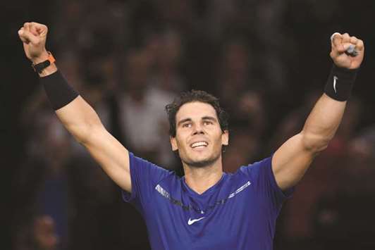 Spainu2019s Rafael Nadal celebrates winning against South Koreau2019s Hyeon Chung during their second round match at the ATP World Tour Masters 1000 in Paris. (AFP)