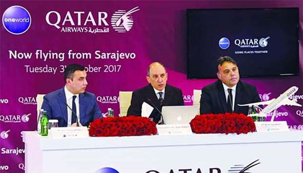 Qatar Airways Group chief executive Akbar al-Baker (centre) at a press conference in Sarajevo.