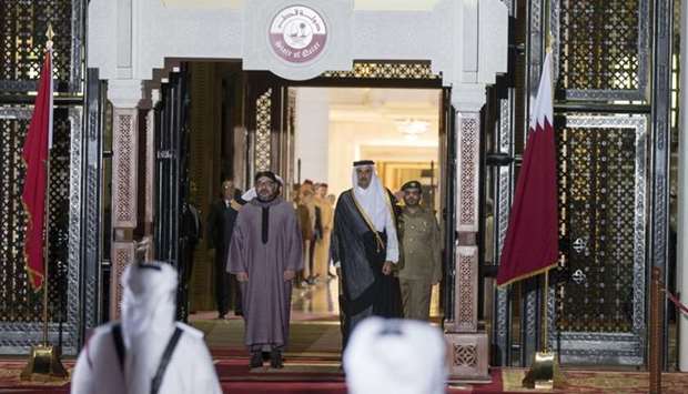 His Highness the Emir Sheikh Tamim bin Hamad al-Thani and King Mohamed VI of Morocco during the official reception