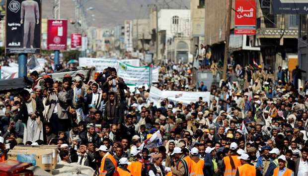 Supporters of the Houthi movement demonstrate against the closure of Yemen's ports by the Saudi-led coalition in Sanaa.