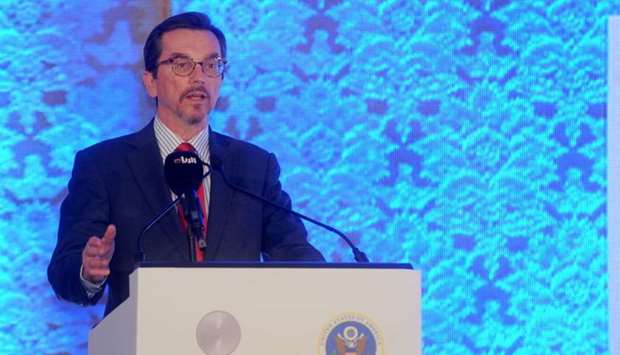 Charges du2019affaires William Grant of the US embassy in Qatar delivers a speech during the forum. PICTURE: Thajudheen.