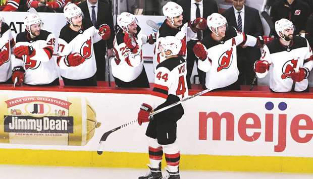 New Jersey Devils left wing Miles Wood (No 44) celebrates his goal against the Chicago Blackhawks during the third period at United Center in Chicago. PICTURE: USA TODAY Sports