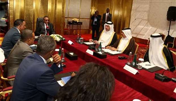 HE the Minister of Economy and Commerce Sheikh Ahmed bin Jassim bin Mohamed al-Thani and delegates with Ethiopian Prime Minister Hailemariam Desalegn at a meeting in Doha on Tuesday. PICTURE: Anas Khalid.