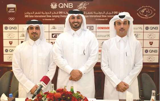 (From left) Qatar Equestrian Federation (QEF) secretary-general Bader al-Darwish, QEF Event director Ali al-Rumaihi and Al Shaqab Commercial director Omar al-Mannai at a press conference yesterday. PICTURE: Lotfi Garsi