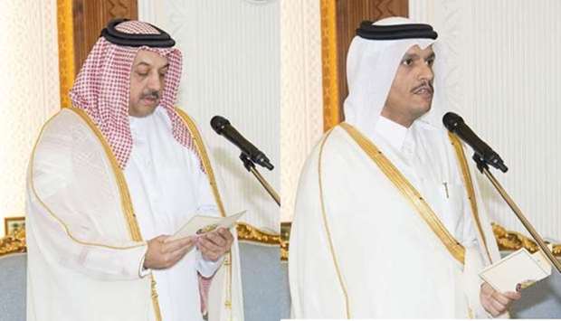 HE Dr Khalid bin Mohamed al-Attiyah and HE Sheikh Mohamed bin Abdulrahman al-Thani taking oath on Tuesday.